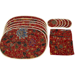 Placemats Batik Fabric Straw Back Coasters Napkins Set 6 Tiki Bar Patio Vintage